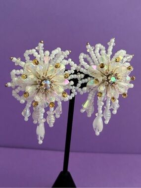 Pearlescent Beaded Floral Drop Earrings - White